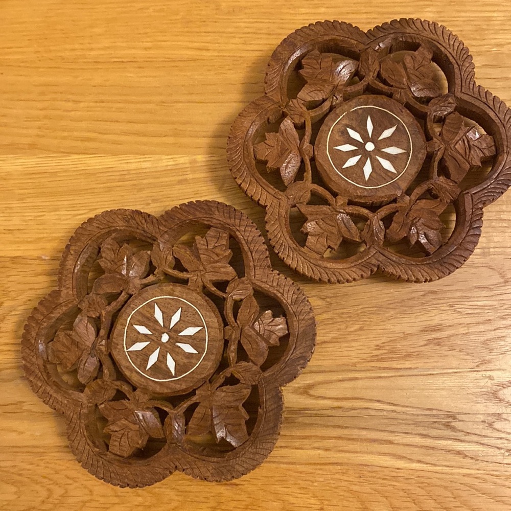 Two small wooden trivets brown wood white stars, decorative very nice condition